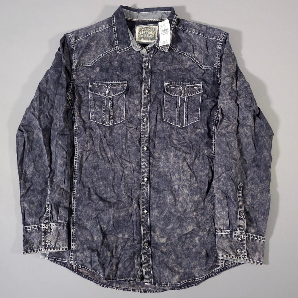 BKE‎ Vintage Button Down Shirt Mens XL Navy Grey Acid Wash Western Long Sleeve